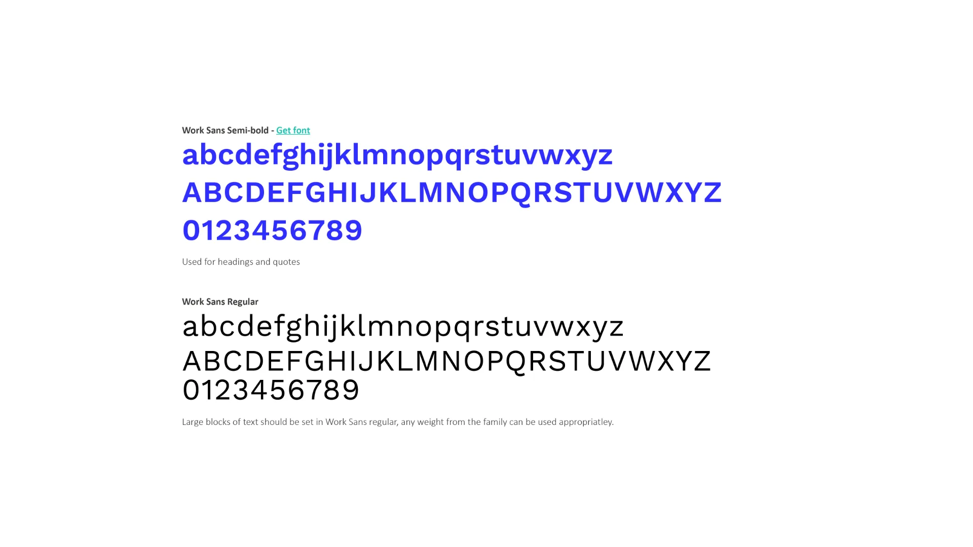 Typography: Work Sans, Semi-bold for headings and quotes, Regular for body