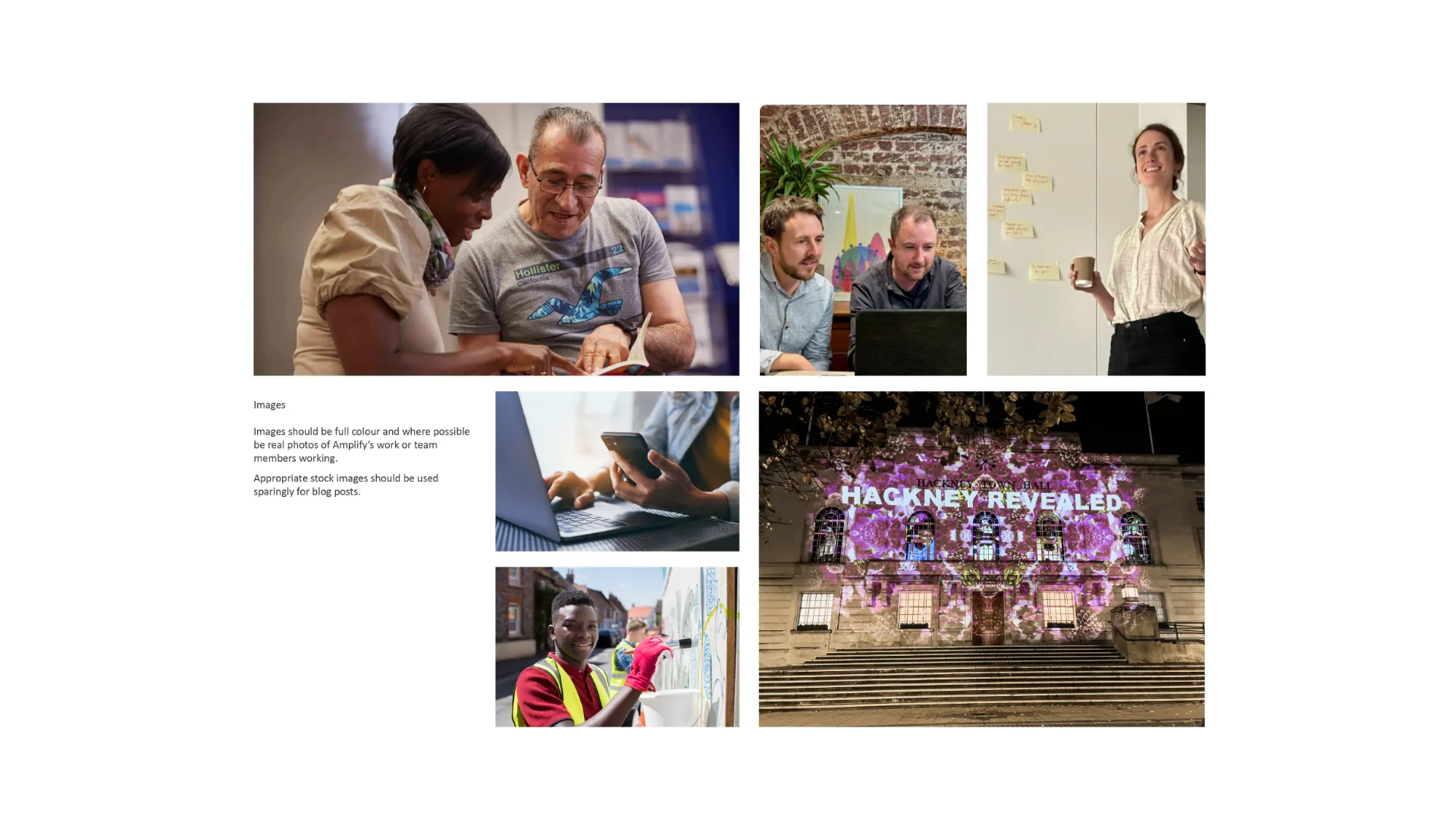 Image guidelines: real photography of Amplify’s work and team