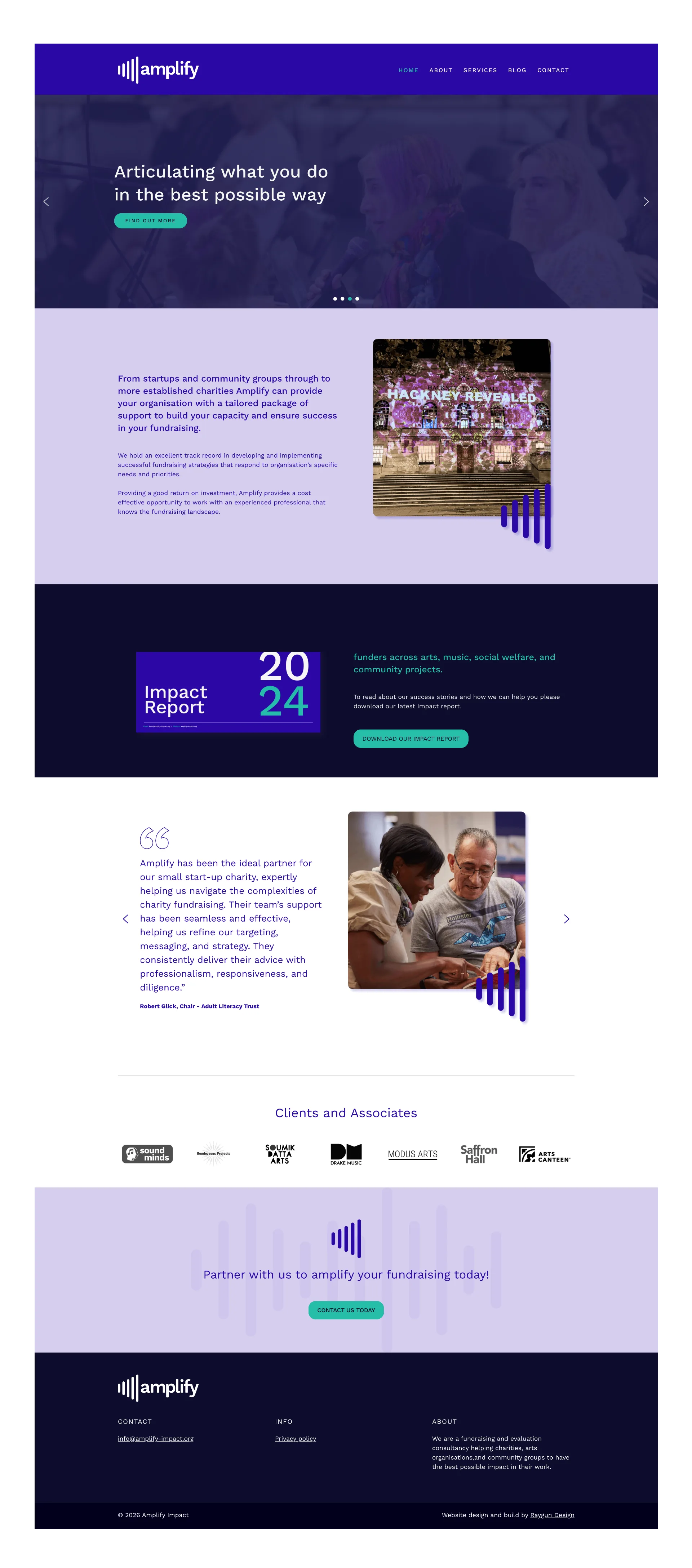 Website: homepage, impact report callout and testimonial