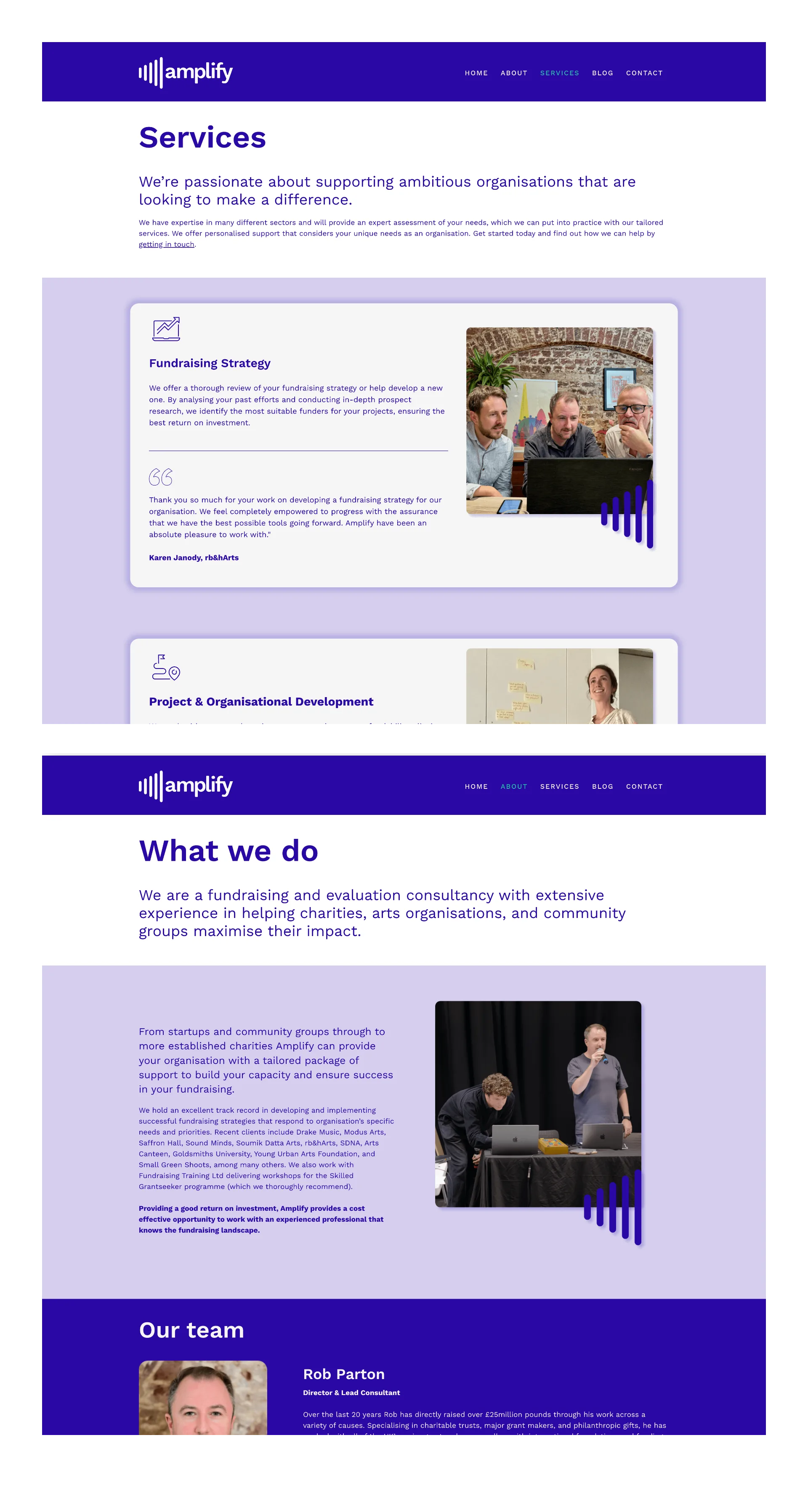 Website: services and about pages, with team profiles