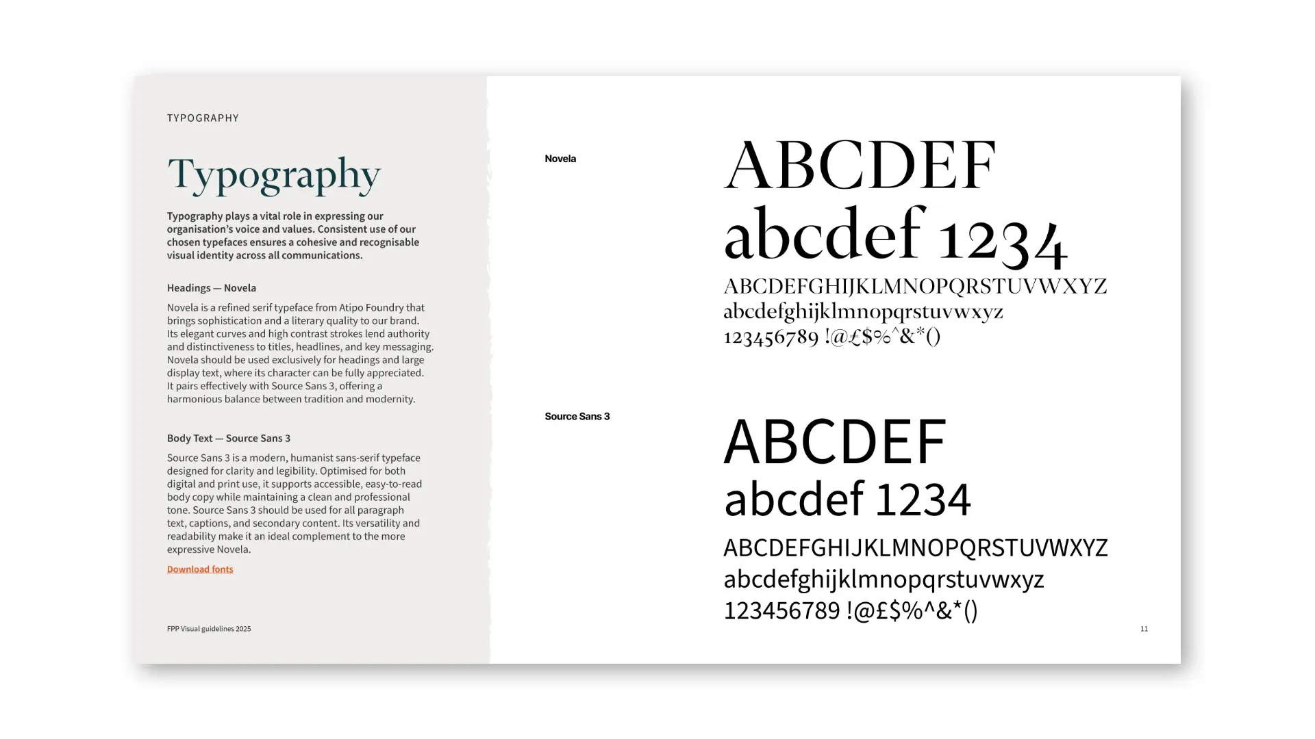 Typography: Novela for display, Source Sans 3 for body