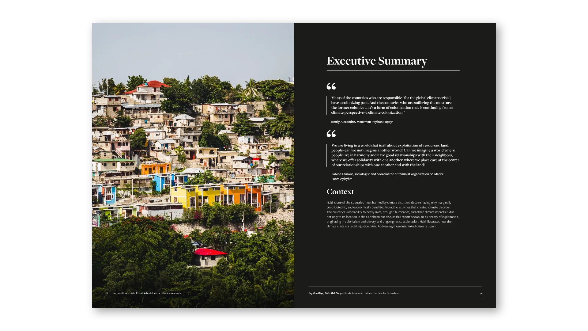 Executive Summary: testimony pull-quotes over full-bleed Port-au-Prince photography