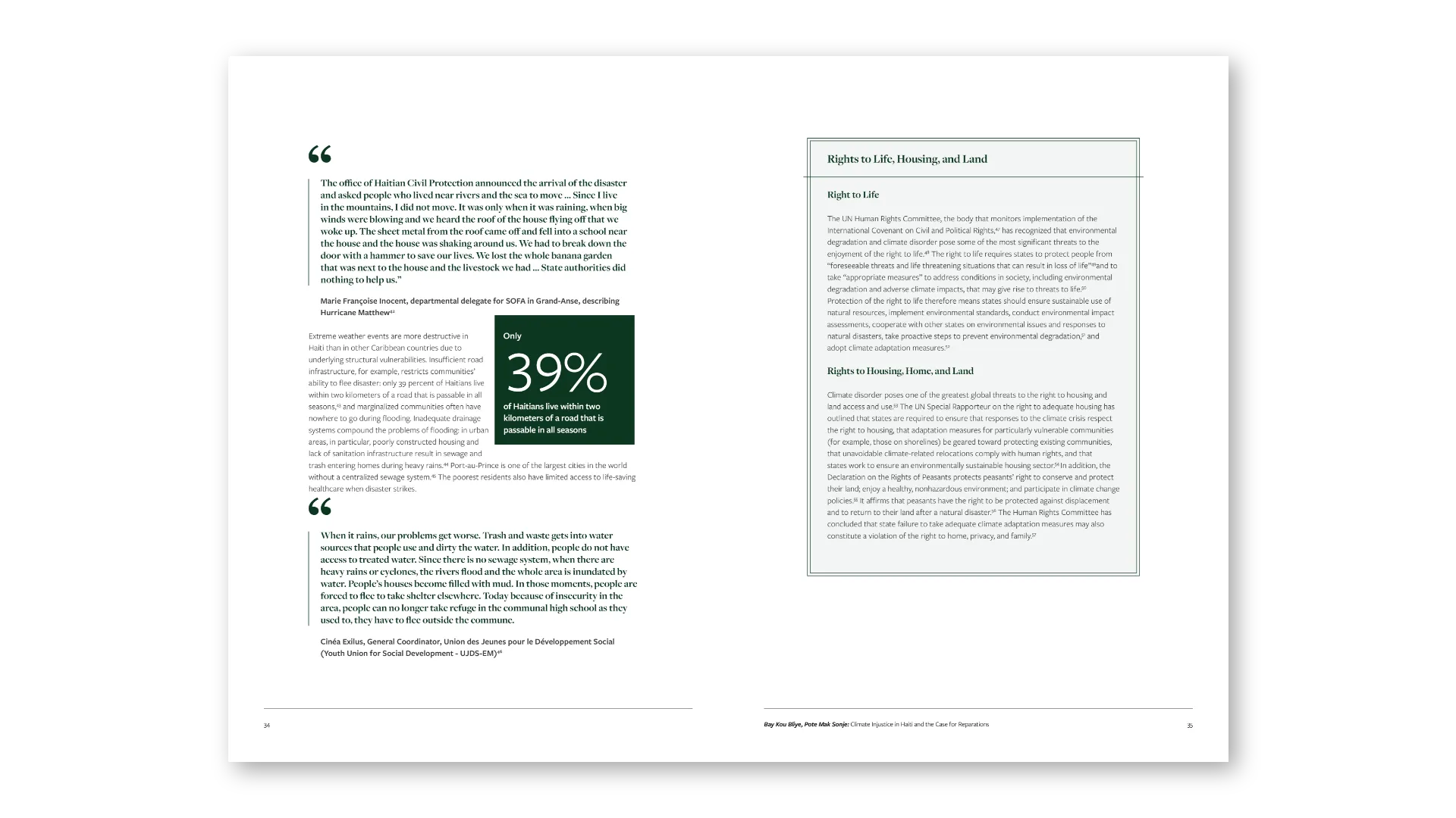 Testimony and human-rights framework: pull-quotes with data callout and rights sidebar