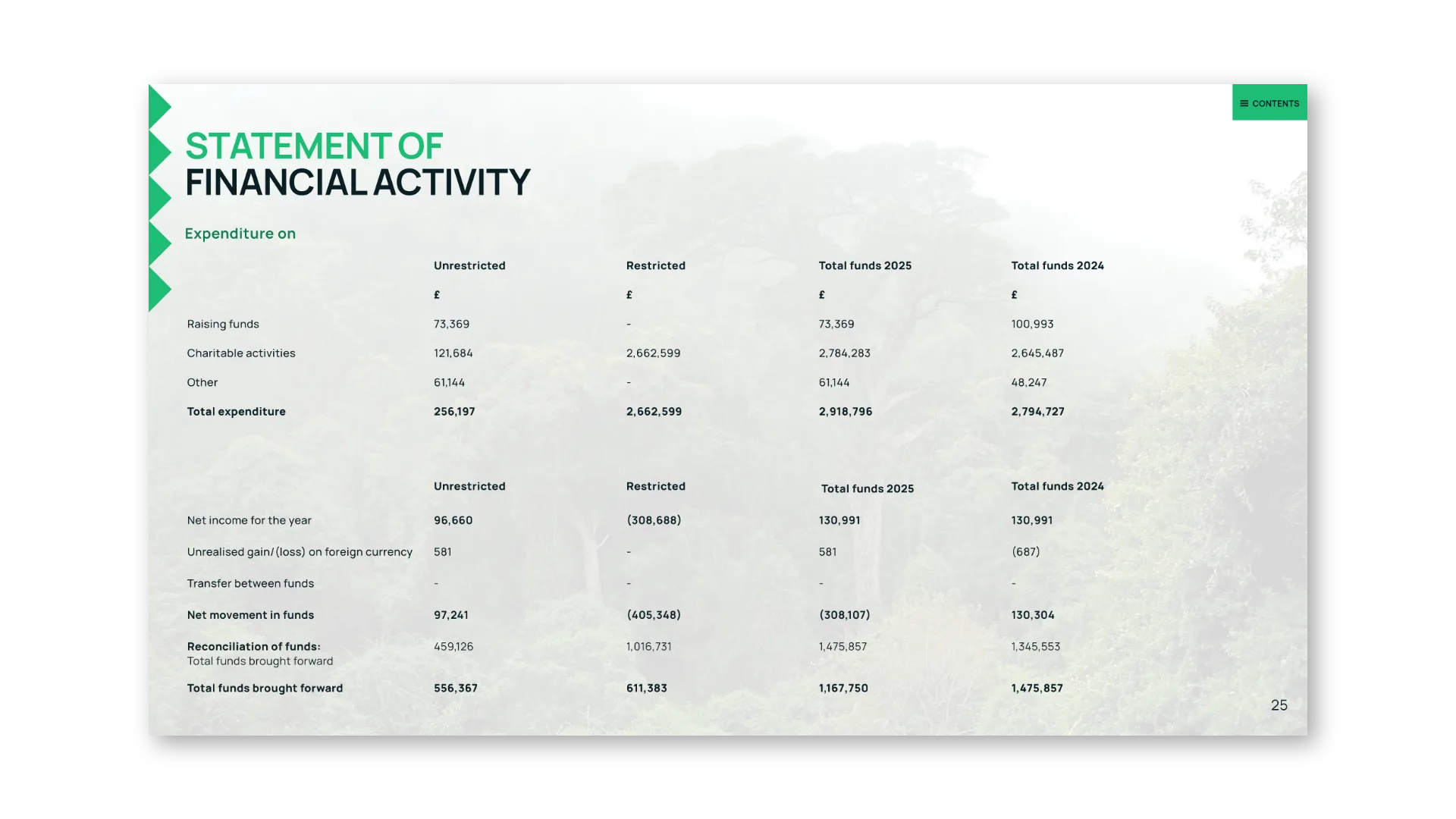Statement of Financial Activity: data page over photography