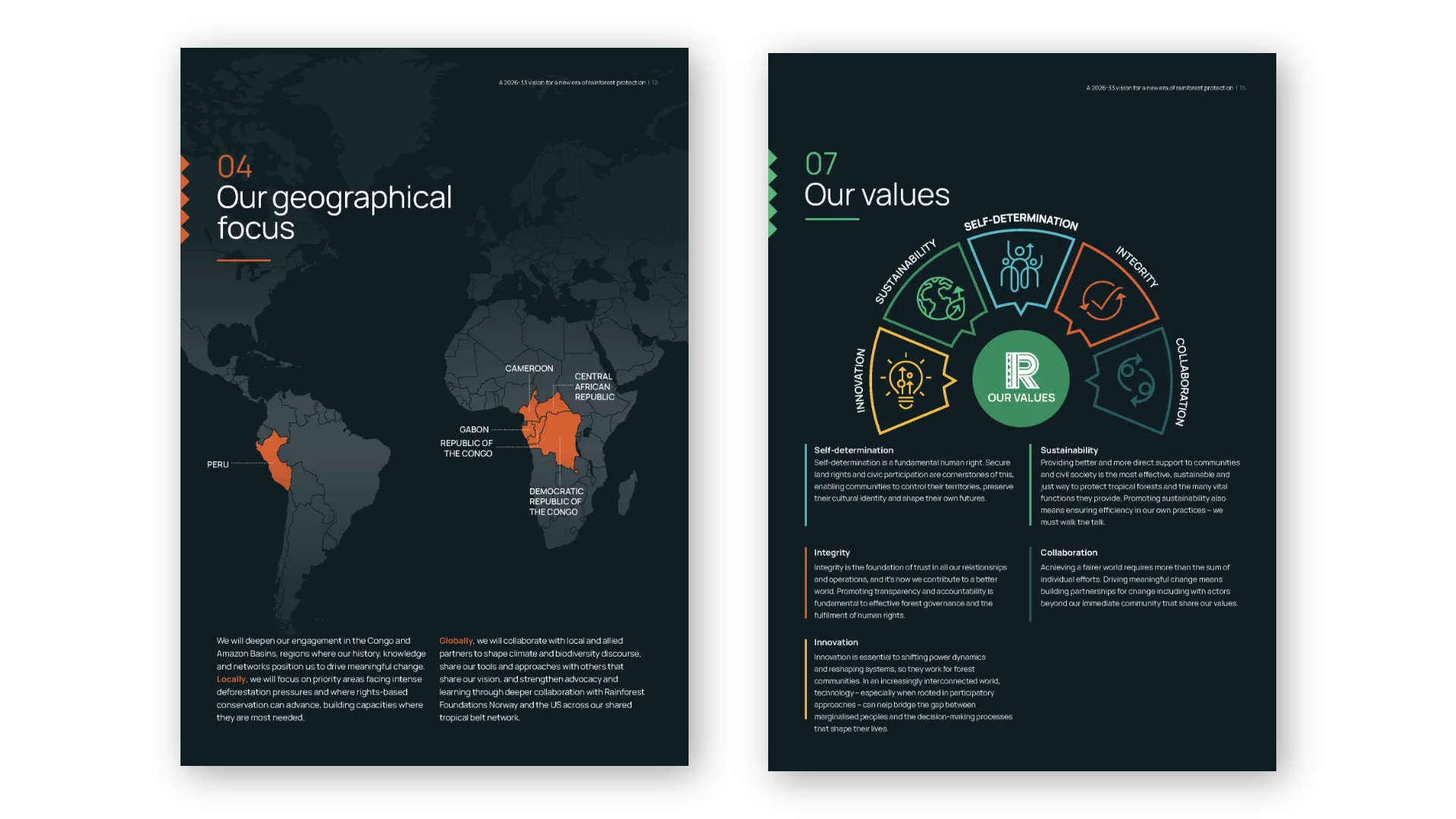 Geographical focus map and the “Our values” diagram