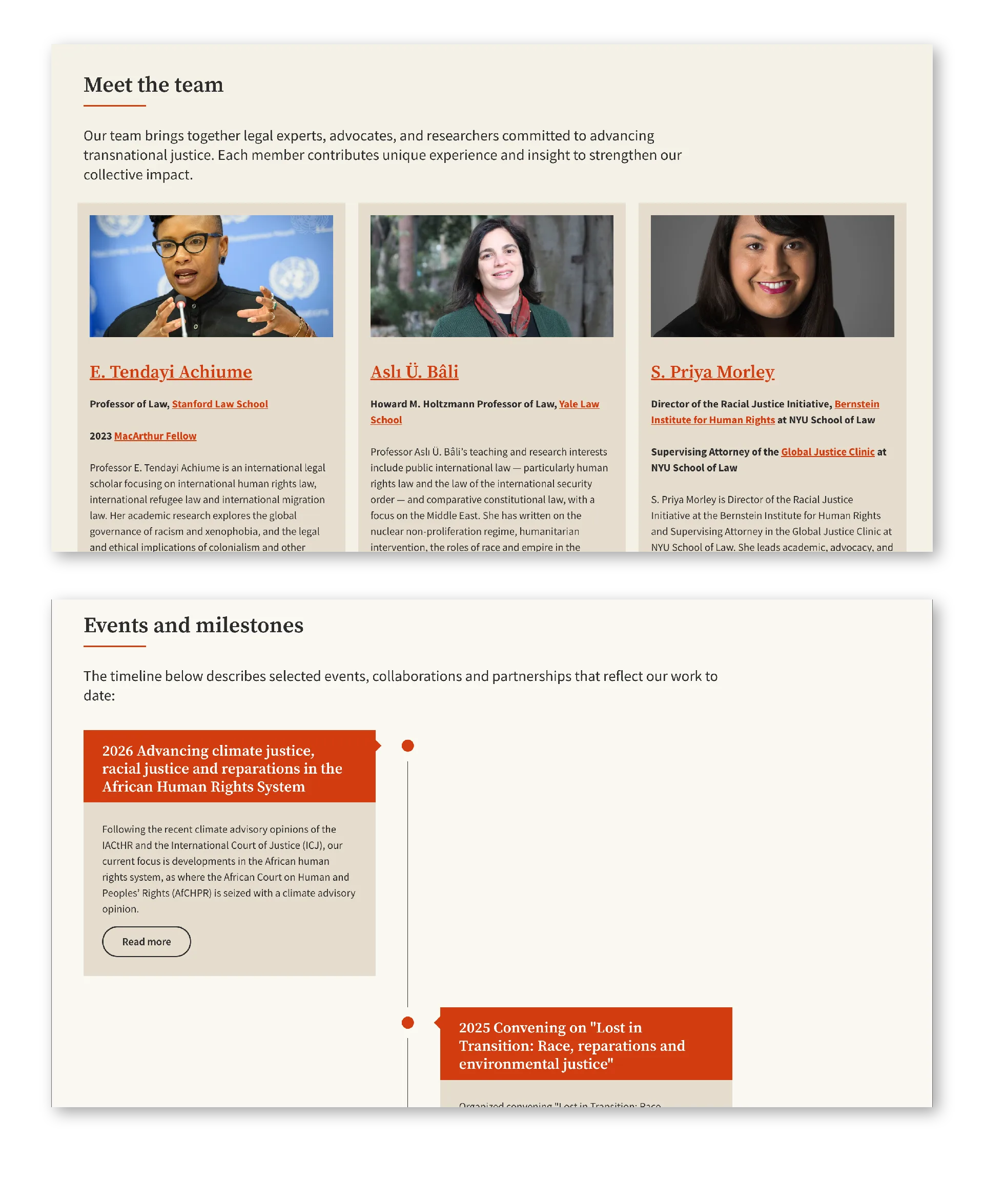 About: team profiles and the events and milestones timeline