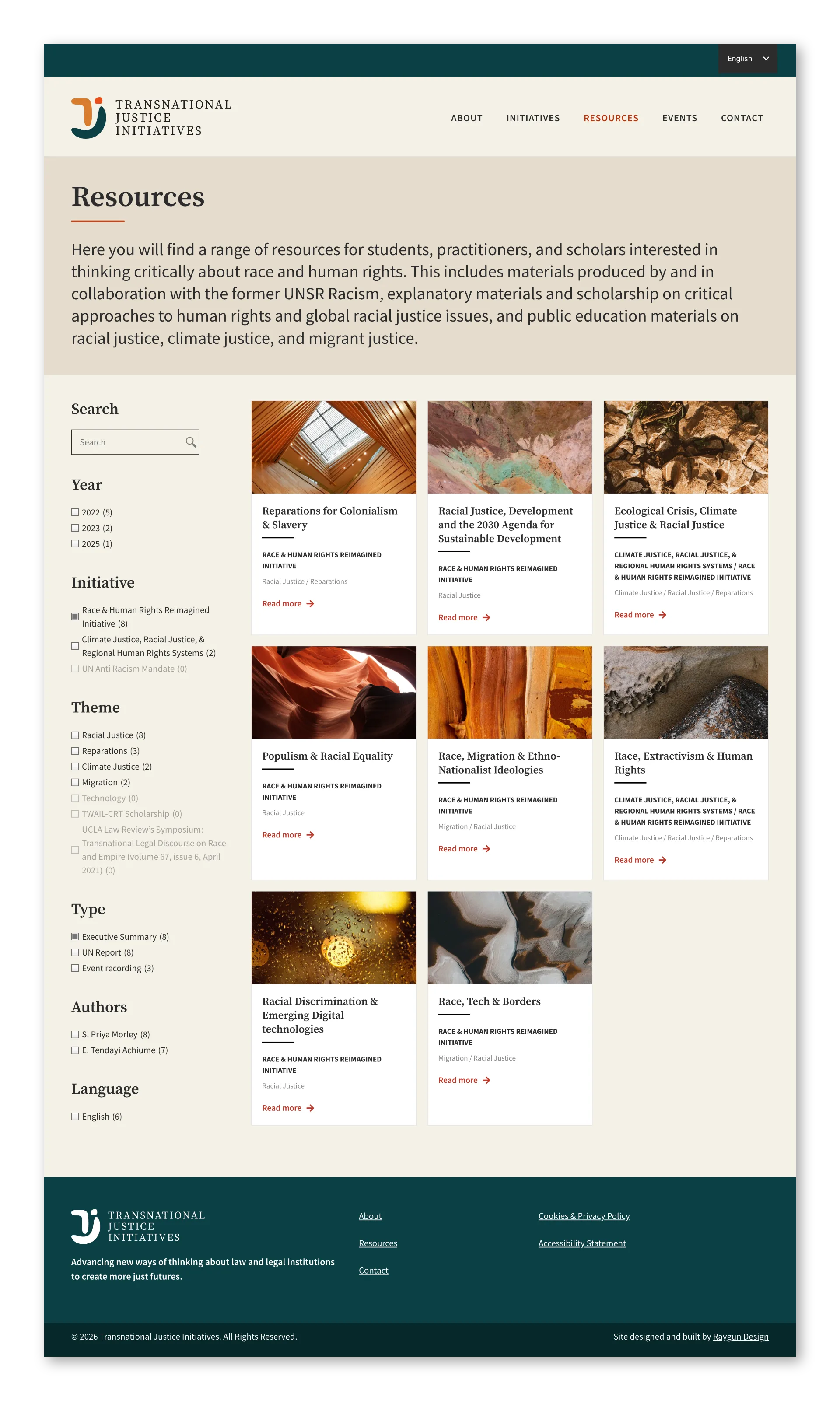 Resources: filterable library with year, theme and type facets